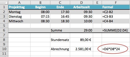 Projektkostenabrechnung Stundensatz * Zeit in Excel 2011