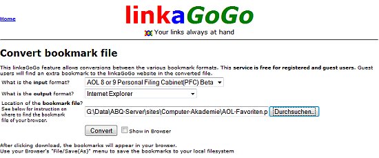 Internet-Dienst zum Einlesen von Favoriten-Dateien verschiedener Browser